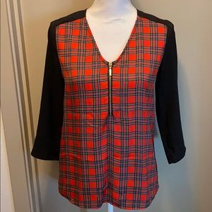 Express Plaid Zipper 3/4 Sleeve Blouse